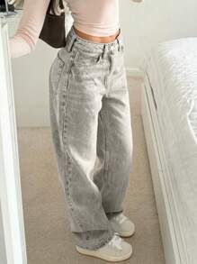 MYOURSA 女士低腰直筒水洗牛仔裤，宽松版型，休闲百搭，适合通勤和日常穿着，浅灰色 - 淺灰色 - 查看 4