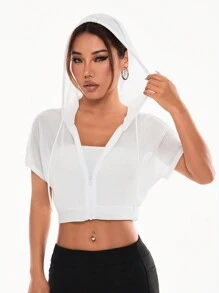 Menodora SHEIN Sport Áo khoác thể thao mùa xuân/hè có dây rút có mũ trùm đầu xuyên thấu dành cho nữ - trắng - Xem 7