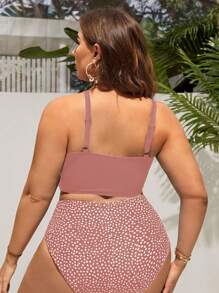 Swim Lushoire Conjunto de talla grande para mujer con top de tirantes cruzados de unicolor y Bottom de bikini estampado de lunares con pliegues para las vacaciones en la playa de verano - Rosa vieja - Ver 2