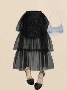 SHEIN Falda De Tul Elegante Y Brillante Para Fiesta De Chica Adolescente (diseño 2 En 1)