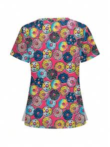 Parte superior de uniforme de scrubs de manga corta con estampado de donut de moda - Multicolor - Ver 2