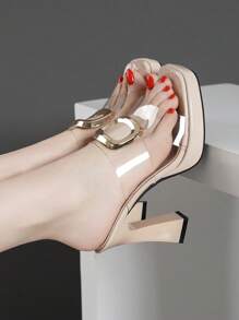New Arrival Women High-Heeled Sandals With Chunky Heels, Waterproof Platform, Metallic Decoration And Transparent Backless Design For Summer - Apricot - View 2