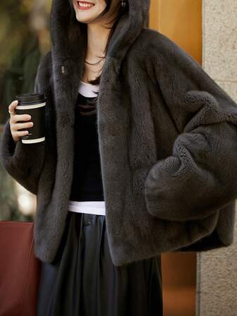 Women Plain Minimalist Hooded Fleece Jacket