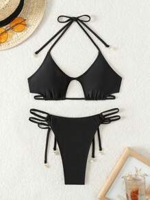 Swim SXY Halter Neck Two-Piece Bikini Swimwear For Beach And Pool In Summer - Black - View 4