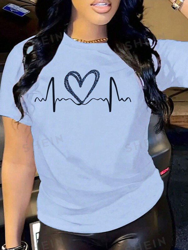 SHEIN Camiseta Casual de Mujer de Verano con Estampado de Corazón, Cuello Redondo y Mangas Cortas