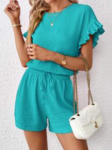 SHEIN Essnce Women Short Sleeve Top & Elastic Waist Shorts Set, 2pcs - Cadet Blue - View 5