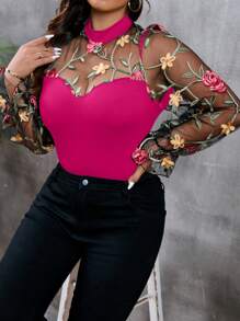 SHEIN Clasi 大碼女士優雅立領花朵刺繡網紗喇叭袖拼接連體褲，適用於夏季 - 玫紅色 - 查看 4