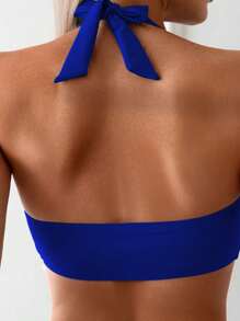 SHEIN Swim Random Printed V-Neck Halter Bikini Top And Tropical Printed Triangle Swimwear Bottom Summer Beach Vacation Bikini Separates Set - Royal Blue - View 3