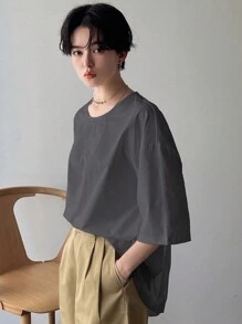 FRIFUL Women Summer Solid Color Round Neck Batwing Sleeve Splice Mesh T-Shirt