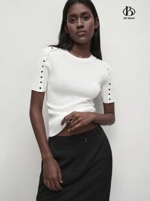 BizChic Áo thun dệt kim tay ngắn đính nút trang trí thanh lịch cho nữ, trang phục mùa thu cho nữ - trắng - Xem 3