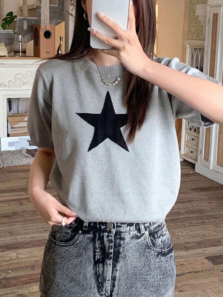 DAZY 圆领针织短袖星星图案上衣 Y2k 夏季 - 灰色 - 查看 1