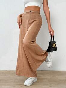 SHEIN Essnce Solid Color Textured Casual Wide Leg Pants - Brown - View 4