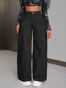 SHEIN PETITE Women Casual Solid Color Frayed Straight Leg Jeans - Black - View 3