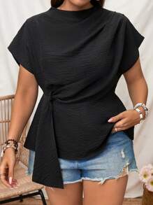 Elenzga Plus Size Women Solid Color Stand Collar Shirt With Twist Knot Front Tie And Cinched Waist