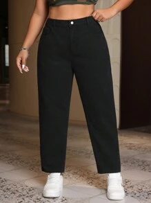 SHEIN ICON Plus Size Women Simple Solid Color Regular Fit Jeans For Daily Wear - Black - View 4