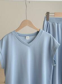 SHEIN Tween Girls' Knit Solid Color Loose Fit V-Neck Casual T-Shirt And Wide-Leg Knit Casual Pants Set - Blue - View 7