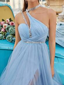 QOQ Fairy Style Dreamy Light Blue Halter Slit Gown Dresses For Evening Party, Banquet, Ceremony