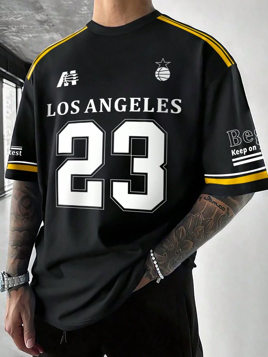 Manfinity Sporsity Men's Street Academy Style, INS Matched With An Oversized Number 23, Basketball, And Flame Elements Digital Printed Black Loose-Fitting Round-Neck T-Shirt. This Shirt Features Basketball Jersey Elements And A Chicago-Inspired Design With Black And White Color-Block Stripes. It Is Suitable For All-Season Wear And Embodies Street Rock Aesthetics. Perfect For Music Festivals And Everyday Outfits, It Makes An Excellent Gift For Boyfriends Or Husbands, Aligning With Y2K Streetwear .