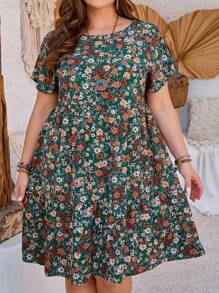SHEIN CURVE+ Plus Size Nữ In Hoa Cổ Tròn Tay Ngắn Đầm Chữ A - Nhiều màu - Xem 6