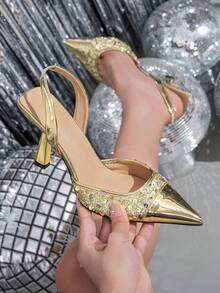 女士亮片裝飾尖頭細高跟拖鞋，春夏熱門款式適合派對、舞蹈俱樂部、約會、購物等場合，金色 - 金色 - 查看 1