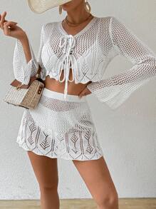 Swim Vcay Ladies Plain Simple Daily Hollow Out Cover Up, 2pcs/Set,Summer Beach