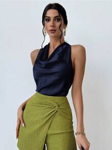 Firerie Women Elegant Sexy Holiday Music Festival Back To School Leopard Print Draped Neck Sleeveless Blouse Old Money Homecoming Going Out Tops Work Women Blouses Women Shirts - Navy Blue - View 4