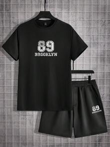Aesthetic Post 黑色針織男士圓領短袖t恤和短褲套裝,字母印花,休閒風格 - 黑色 - 查看 5
