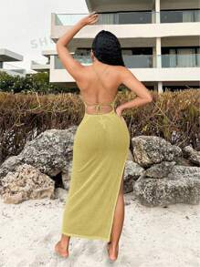 SHEIN SXY Beach Holiday Solid Color Knitted Cross Backless Side Split Halter Dress - Mustard Yellow - View 11