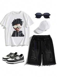 SHEIN تي شيرت تي شيرت وبنطلون جينز للأولاد المراهقين، قطعتان