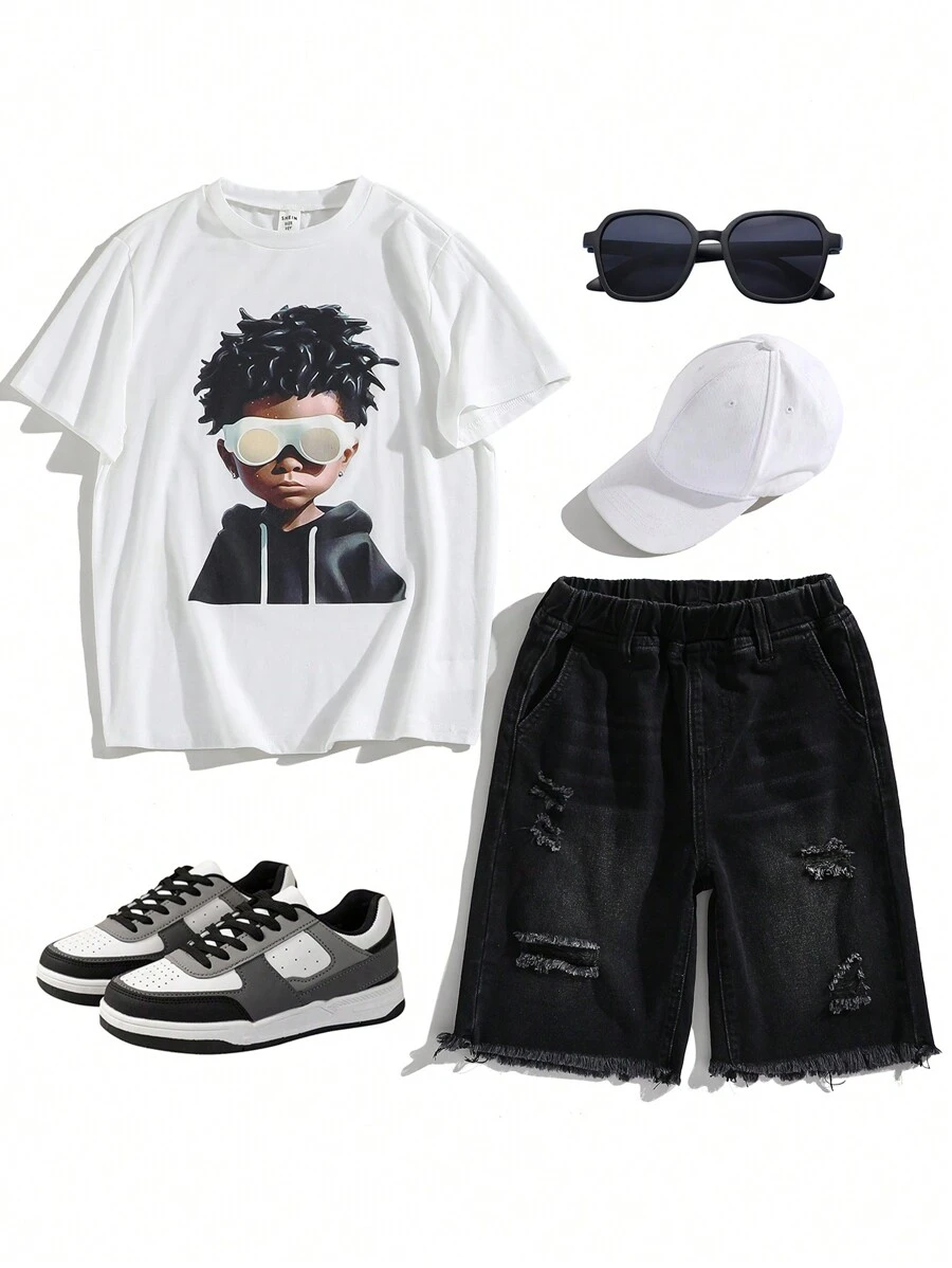 SHEIN تي شيرت تي شيرت وبنطلون جينز للأولاد المراهقين، قطعتان