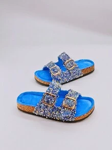 roulvxiang New Glitter Slides - Purple Platform Beach Sandals, Non-Slip Sole,Spring Summer Outfits - Blue and White - View 6
