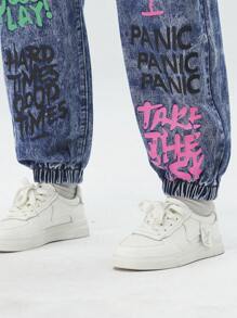 Teen Girl Cool Street Graffiti Slogan, Distressed Ripped Jeans With Frayed Hem, Faded And Snow Washed - Medium Wash - View 5