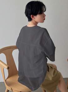 FRIFUL Women Summer Solid Color Round Neck Batwing Sleeve Splice Mesh T-Shirt