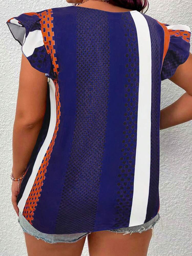 Plus Size V-Neck Striped & Printed Cap Sleeve Shirt, Elegant Summer Blouse