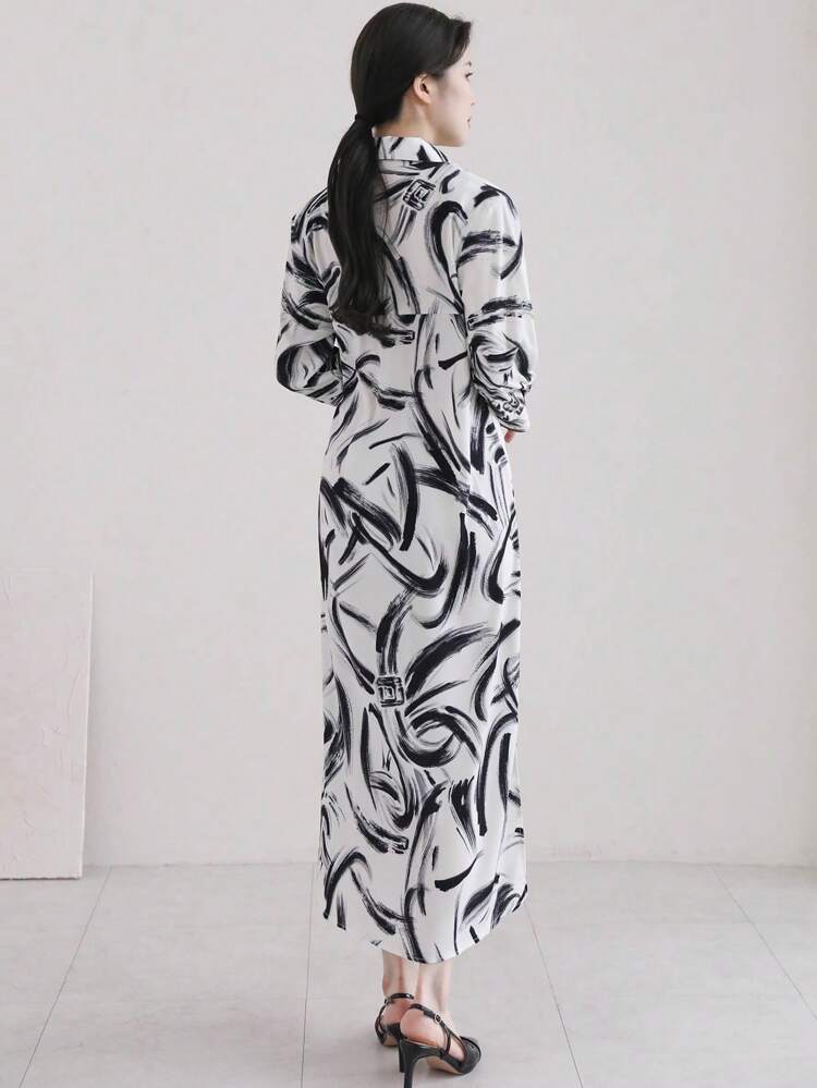 Women Casual Belted Shirt Dress With Random Print,Fall Dress Long Sleeve Dress Maxi Dress