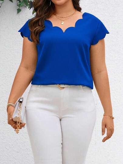 Reflora Plus Size Women Solid Color Short Sleeve Shirt With Scalloped Hem