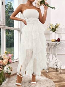 Rafferiza Women Solid Color Simple Strapless Mesh Dress For Daily Wear Maxi Women Outfit - White - View 3