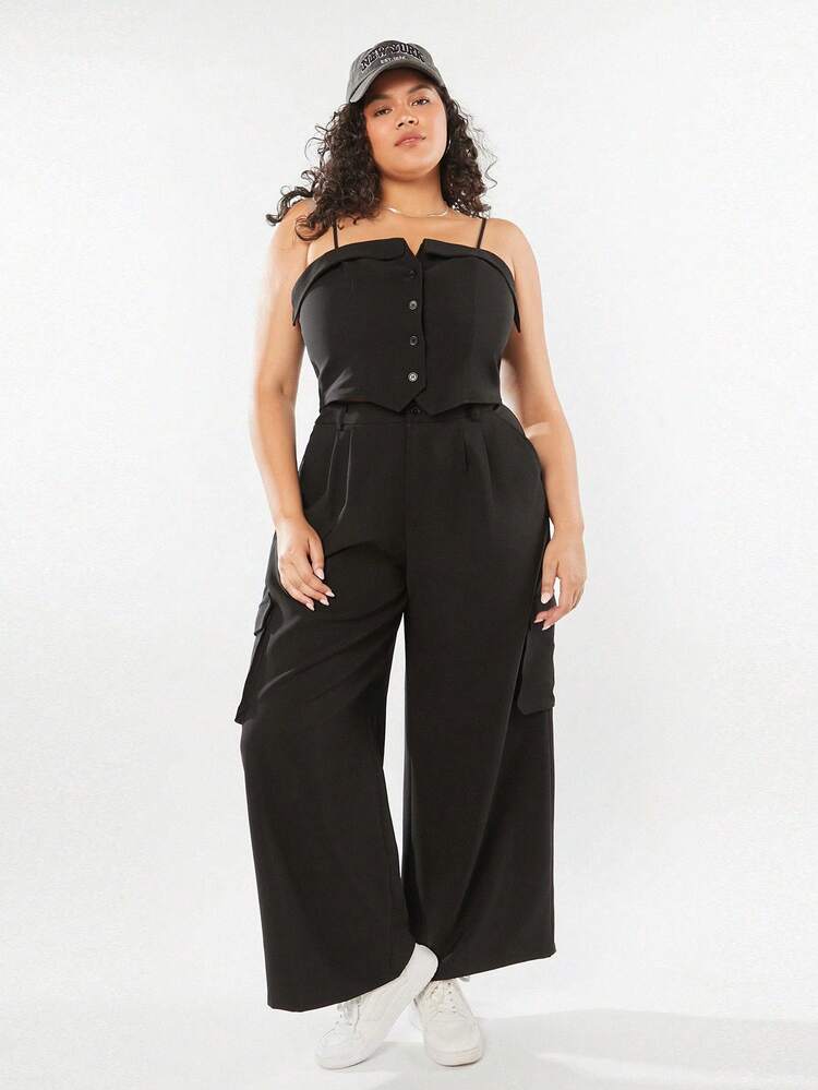 Vintage College Style Plus Size Women Single-Breasted Cami Vest And Loose Cargo Pants 2pcs/Set For Summer