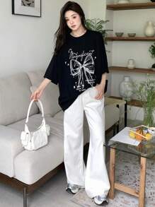 DAZY Women Summer Loose Casual T-Shirt With Slogan, Bowknot Print And Drop-Shoulder Sleeves Graphic Tee Oversized T-Shirt