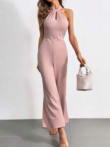 SHEIN Privé Macacão feminino sem mangas de malha sólida com pescoço halter para o verão - Rosa chiclete - Visão 3