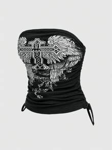 ROMWE Grunge Punk Áo ống rút bên hông in hình chữ thập và cánh thời trang mùa hè cho nữ, đi học - màu đen - Xem 3