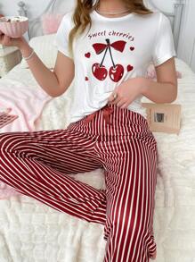 Snug Zone PJS15 Women Silk Pajamas Set, 140g Milk Silk Fabric, Digital Print Holiday Season - Red and White - View 2