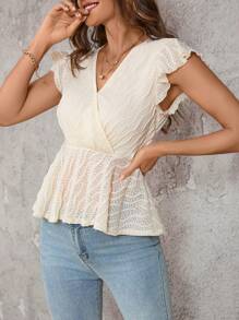 SHEIN Clasi Women Summer Overlapping V-Neck Butterfly Sleeve Ruffle Hem T-Shirt - Apricot - View 1