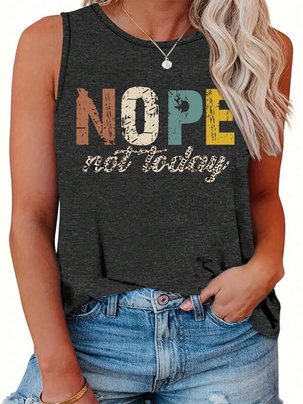 INAWLY Plus Size Letter Printed Crew Neck Casual Tank Top For Spring Summer Graphic Cheetah Print Tees Women Tops