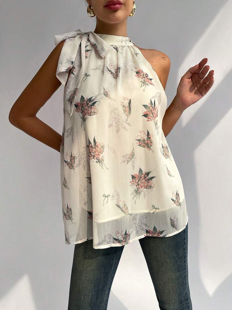 Women Chiffon Printed Pleated A-Line Back Tie Date Wedding Season Commuting Shirt