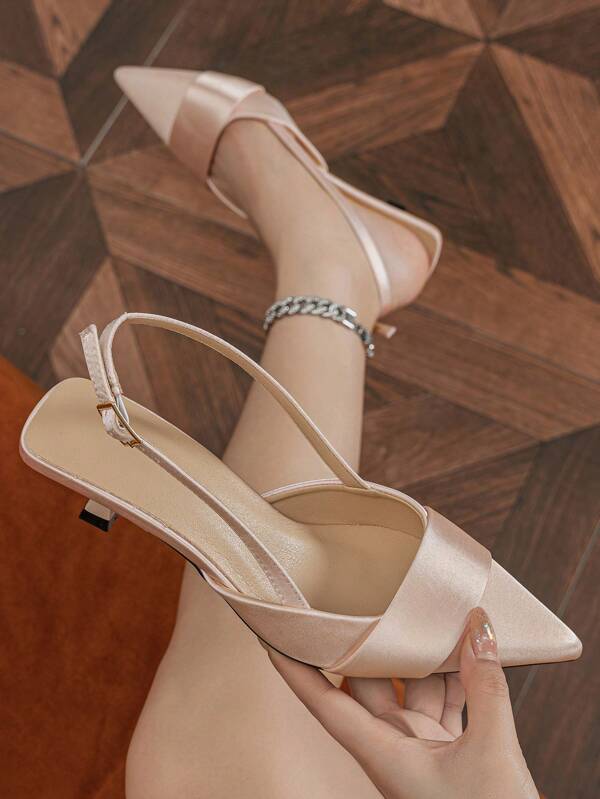 Women Slingback Shoes With Buckle Design, Pointed Toe, Kitten Heel, And Back Strap. Perfect For Daily Wear And Outdoor Activities. Suitable For Spring/Summer Seasons.Match Any Dress, Pink Satin Material Goes Well With Dresses And High Heels.
