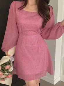 DAZY 女士时尚花卉印花腰带方领连衣裙、休闲女装、秋季连衣裙长袖连衣裙 - 玫紅色 - 查看 3