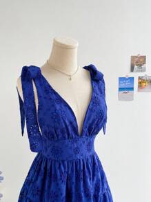 Soleia WYWH女裝休閒度假刺繡空紋A字裙，綁帶肩帶 - 藍色 - 查看 7