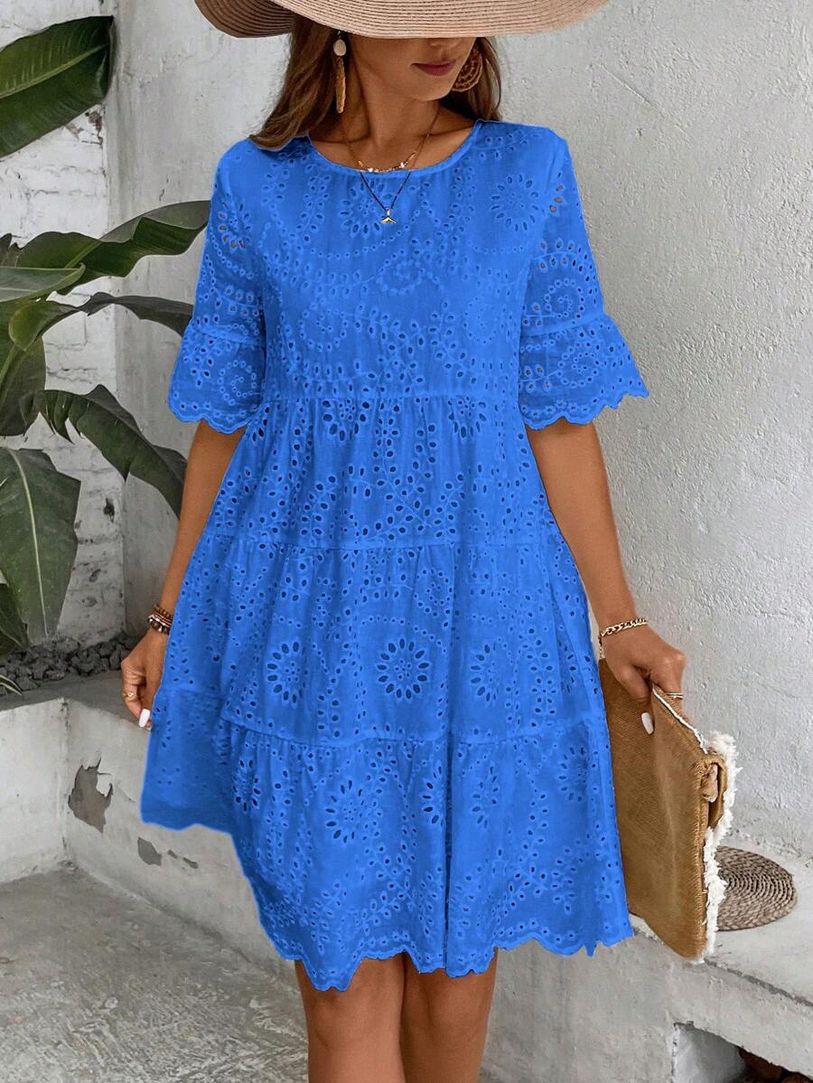 EMERY ROSE Women Holiday Leisure Solid Color Hollow Out Embroidery Dress - Blue - View 1