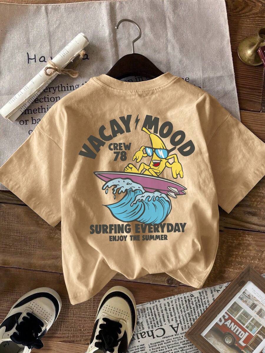 SHEIN Áo thun cổ tròn tay ngắn họa tiết hoạt hình tối giản cho bé trai tuổi mới lớn, phù hợp cho mùa hè - Màu Khaki - Xem 1